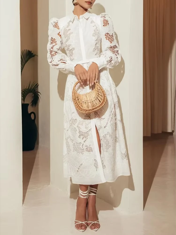 Elegant Hollow Out Embroidery Dresses For Women Lapel Long Sleeve HighWaist Spliced Belt Temperament Dress Fashionwoman clothing