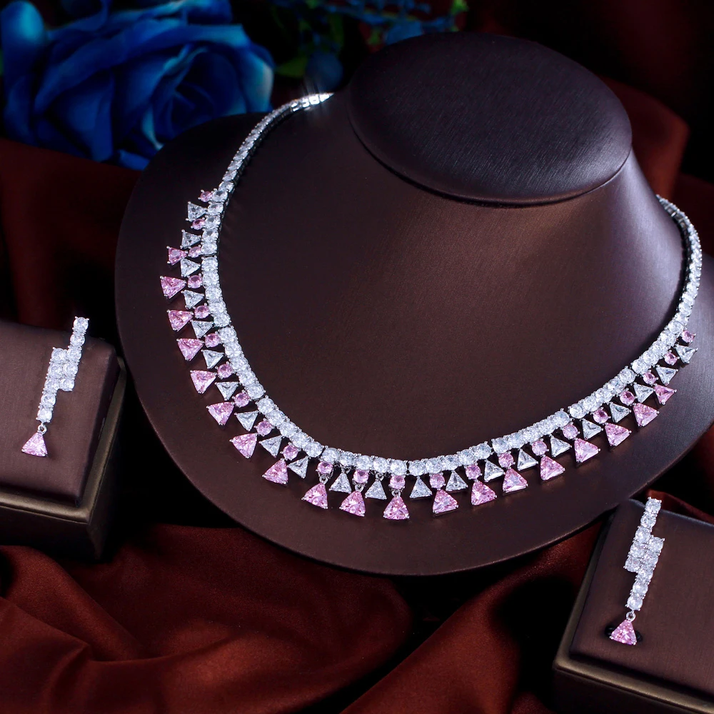 

ThreeGraces Shinning Triangle and Round Shape White Pink Cubic Zirconia Luxury Bridal Wedding Party Jewelry Set for Women T1075