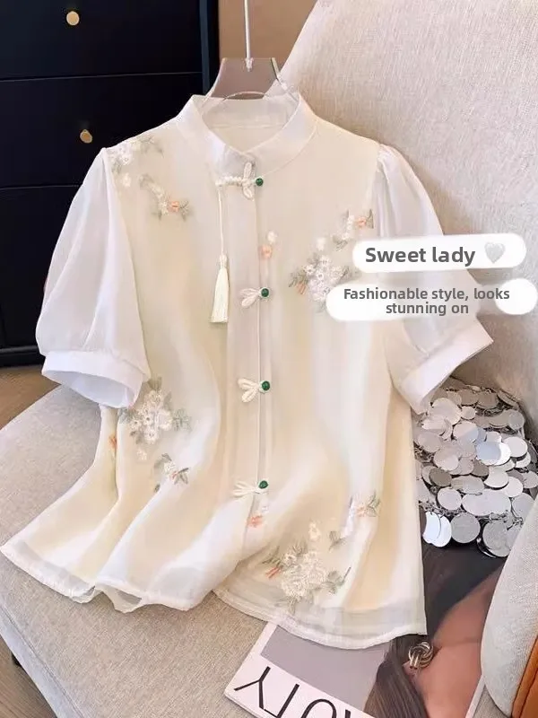 

Женский топ больших размеров, традиционный китайский топ на пуговицах с вышивкой, летнее новое поступление, удобный свободный крой из полиэстера