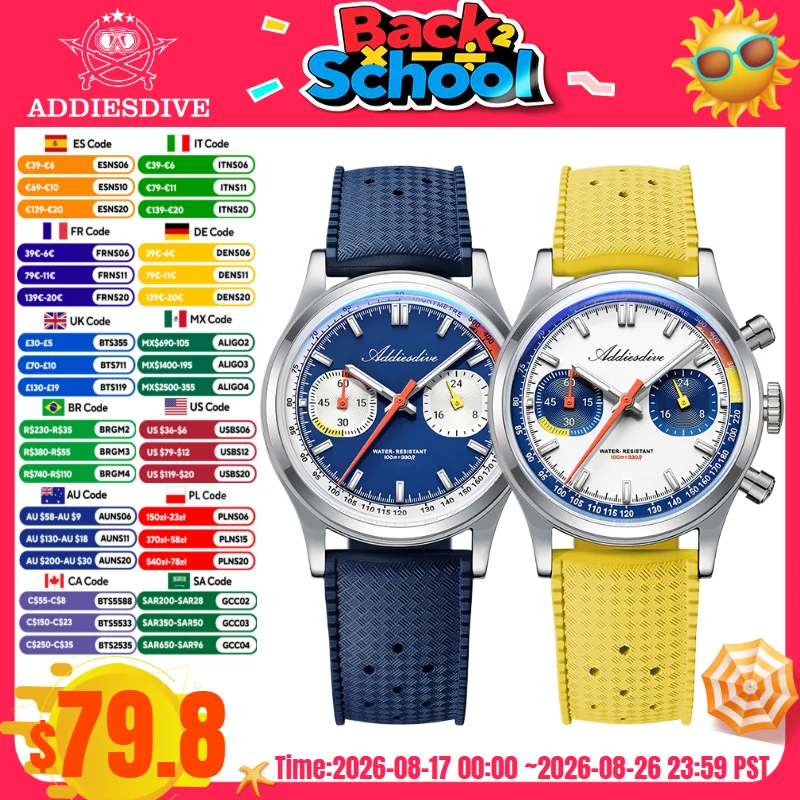 ADDIESDIVE Reloj 0S21 Chronograph Herrenuhr 38 mm BGW9 Super Luminous AD2549 Fluorkohlenstoffkautschuk 100 m wasserdichte Quarzuhren