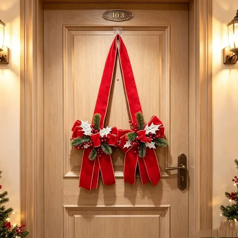 Creative New Years Christmas Door Bow Scapulars Decorations with Pine Branches and Red Berry Xmas Christmas Pendant 2027