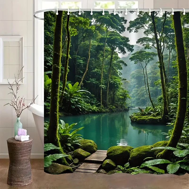 1pc Natural Scenery Themed Shower Curtain Features Beautiful Landscapes of Green Mountains And Waters, Providing a Soothing Atmo