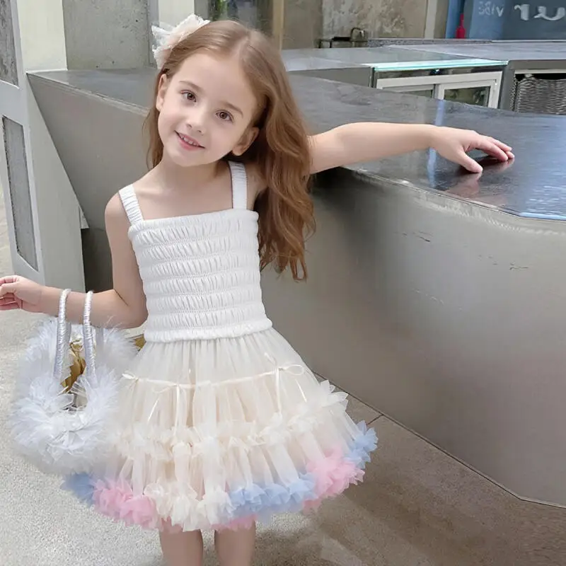 Girl Tutu Skirt Sweet Cute Mesh Puff Skirt Pleated Soft Straps Princess Dress Birthday Party Evening Dress Tiered Skirt Dress