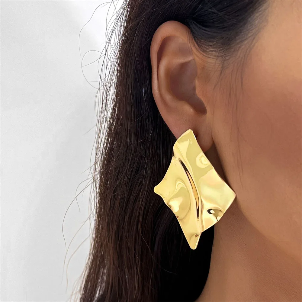 Exagerated Gold Color Metal Geometric Irregular Earrings for Women Personality Statement Glossy Female Dangle Earring Jewelry