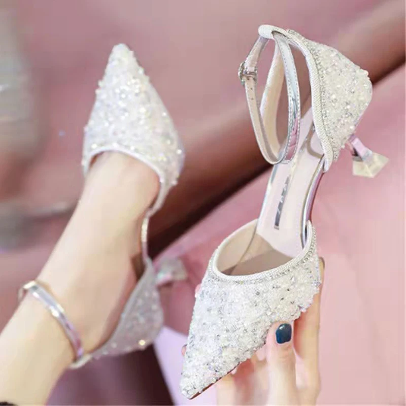 Elegant Ladies Ankle Strap Pumps High Heels Crystal Wedding Shoes Bride for Women 2022 Spring Pointed Toe Luxury Pumps Woman