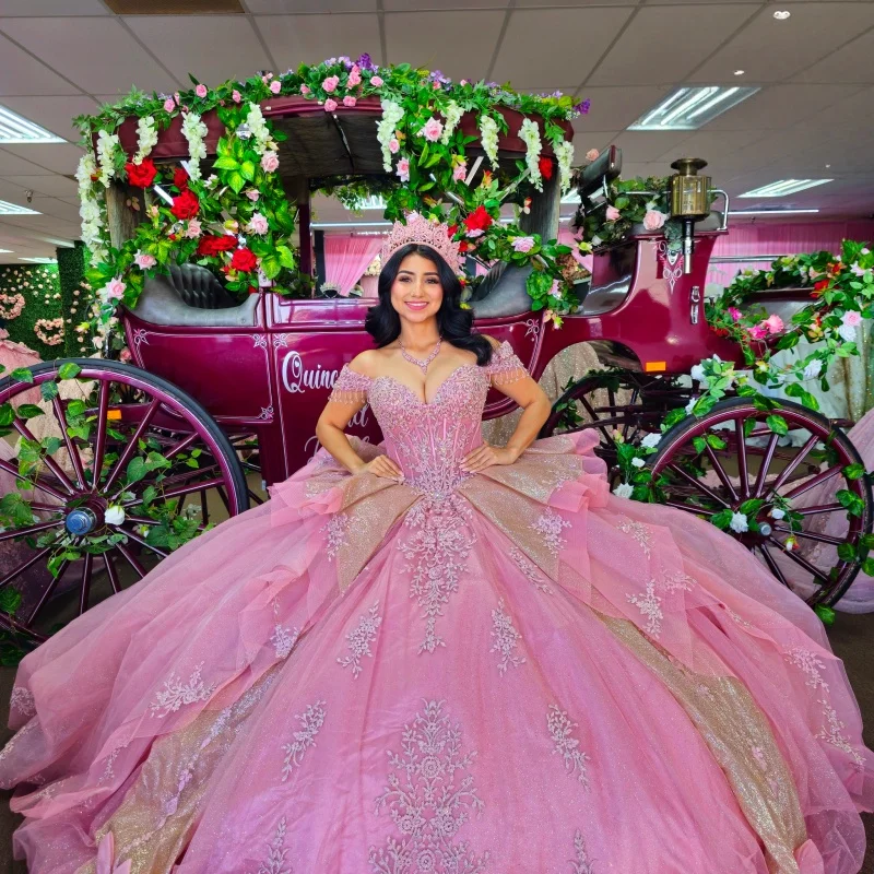 

Pink Quinceanera Dress off-shoulder glitter flower glitter decal layering Long tail Bow vestidos de 15 Quinceanera ﻿Customize