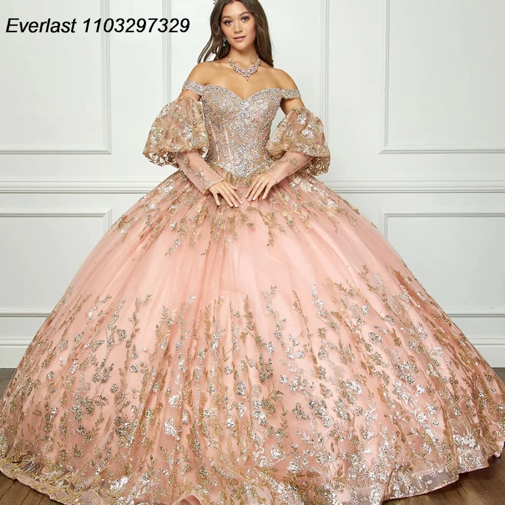 EVLAST Ivory Quinceanera Dress Ball Gown Gold Lace Applique Beading Tiered Puffly Sleeve Sweet 16 Vestidos De XV 15 Anos TQD644