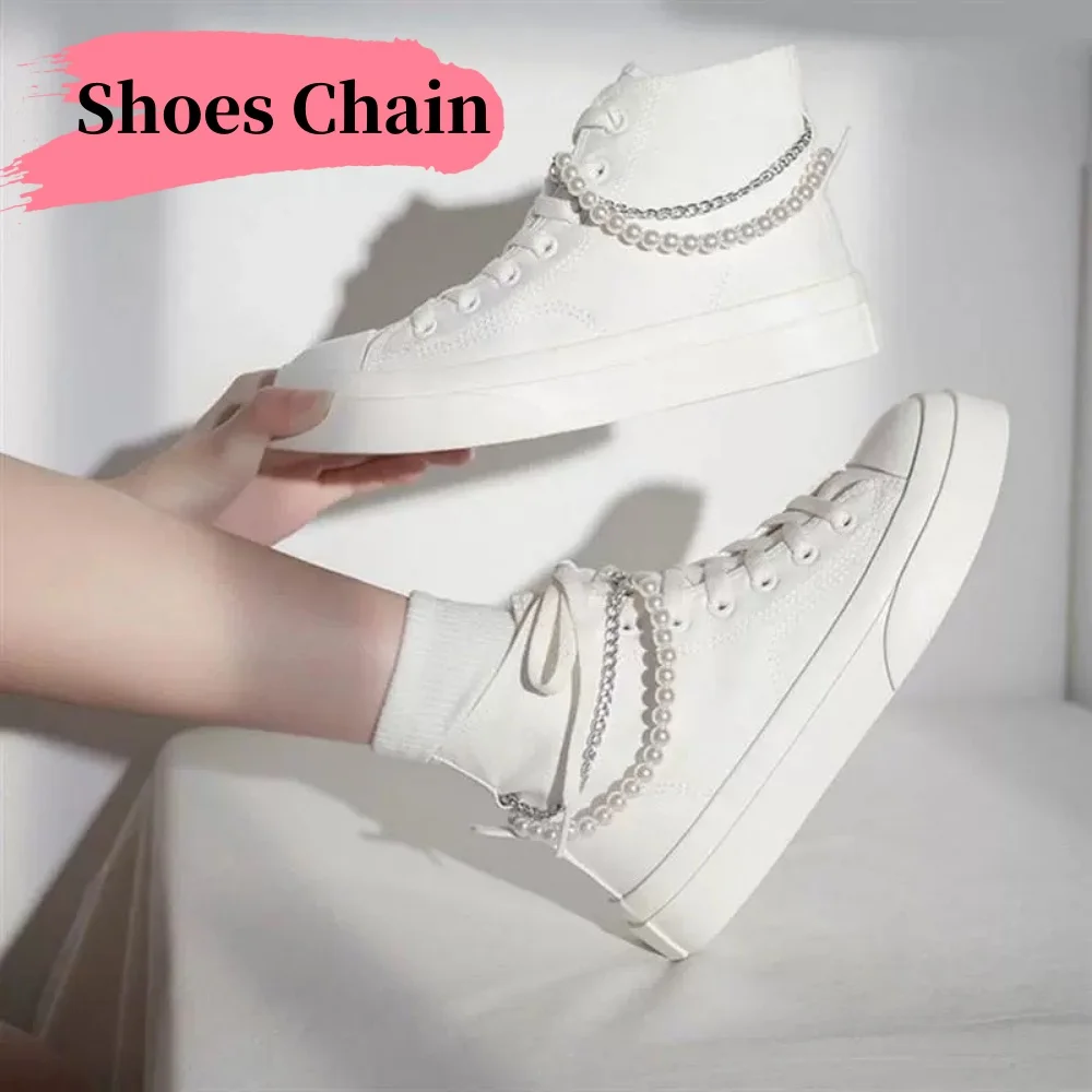 Sweet Cool Metal Shoe Charms Decorations Silver Shoe Chain Love Pendant Pearl Double Layer Shoe Charms Shoes Accessories