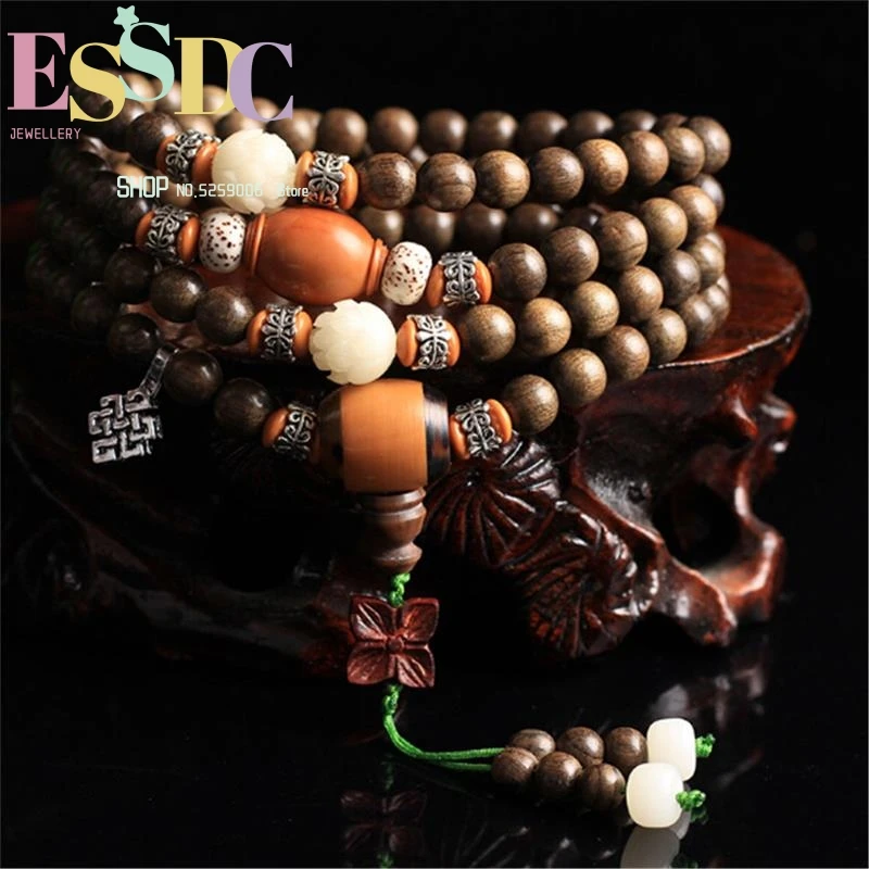 

Exquisite Old Materials Golden Silk Phoebe Buddhist 108 Wooden Beads Prayer Bracelet or Necklace Handicrafts for Women Jewelry