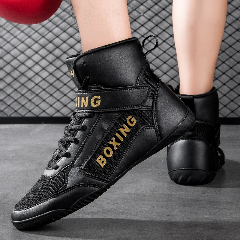 High Quality Professional Boxing Boots Men Hook&Loop Design Men Wrestling Shoes Anti-slip Wear-resistant Men Black Boxing Shoes