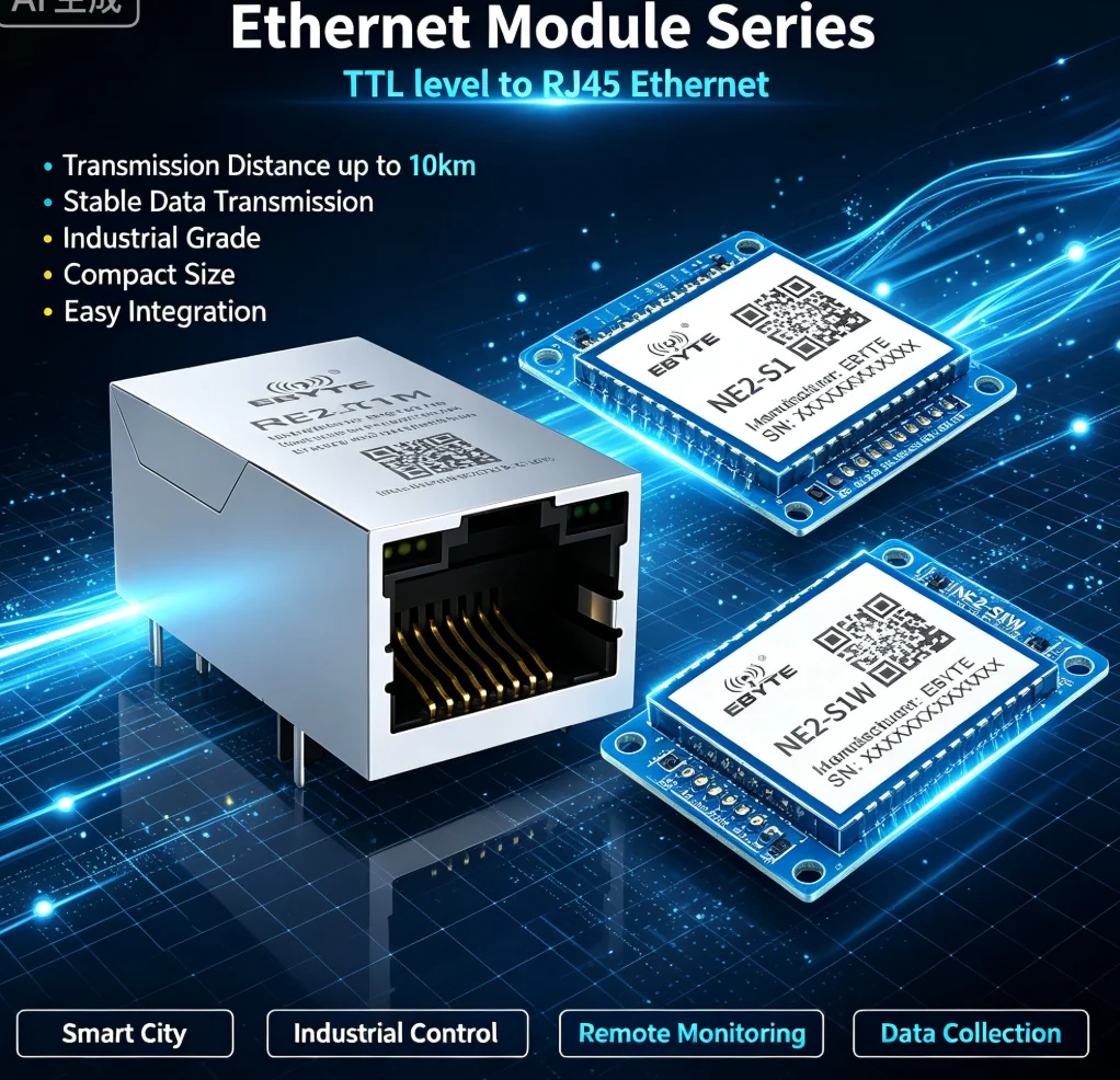 Serial to Ethernet Module 10/100M Modbus TCP UDP MQTT 2-Port Socket EBYTE NE2-T1 NE2-S1W RJ45 Module Test Board