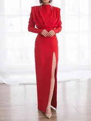 Women's Elegant Long Sleeved Solid Color O-Neck Dress Fashion Office Lady Sexy High Split Slim Evening Dresses Pullover Robe