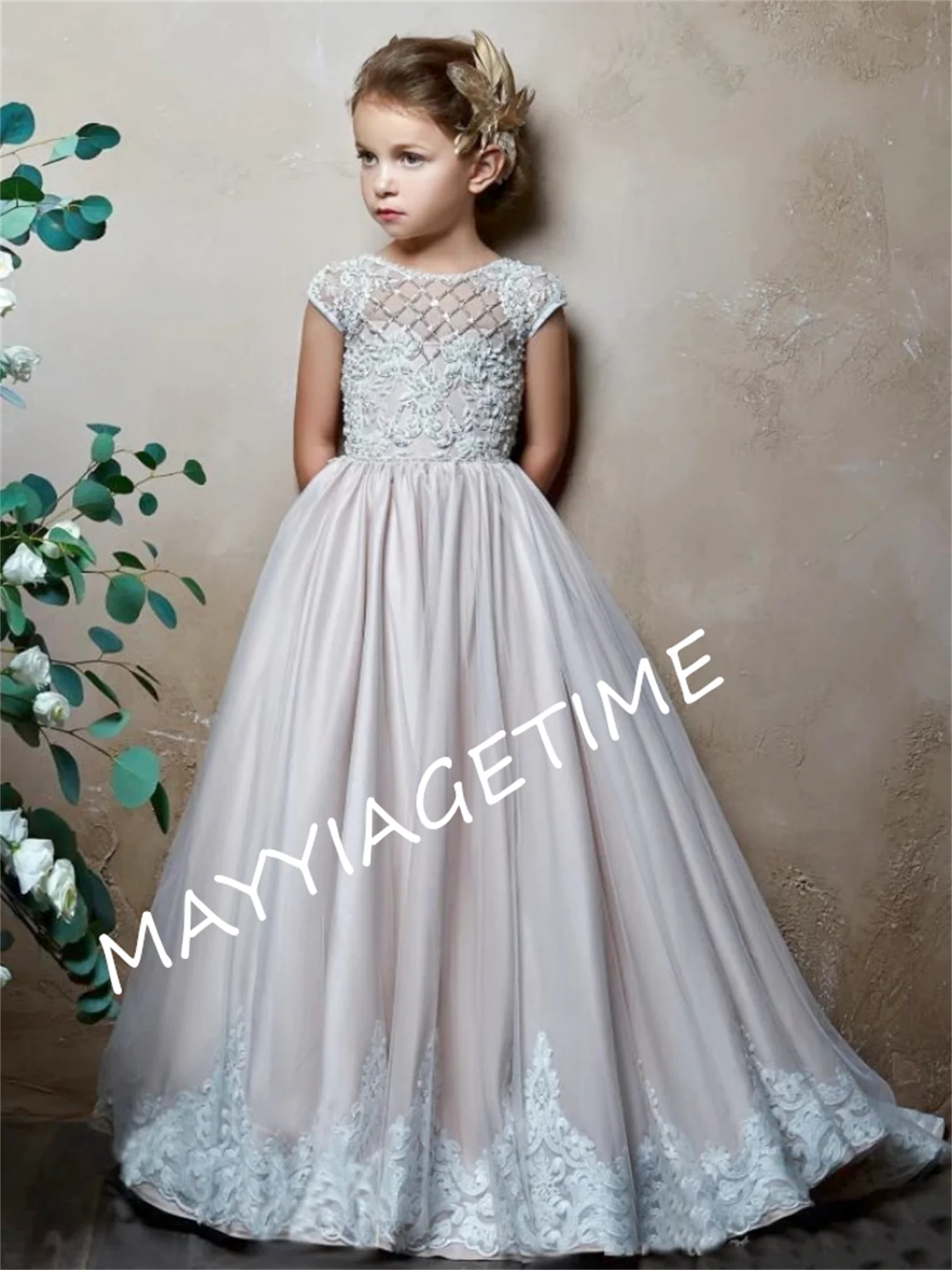 Flower Girl Dresses White Satin A-line Appliques With Bow 3/4 Sleeve For Wedding Birthday Party First Communion Gowns