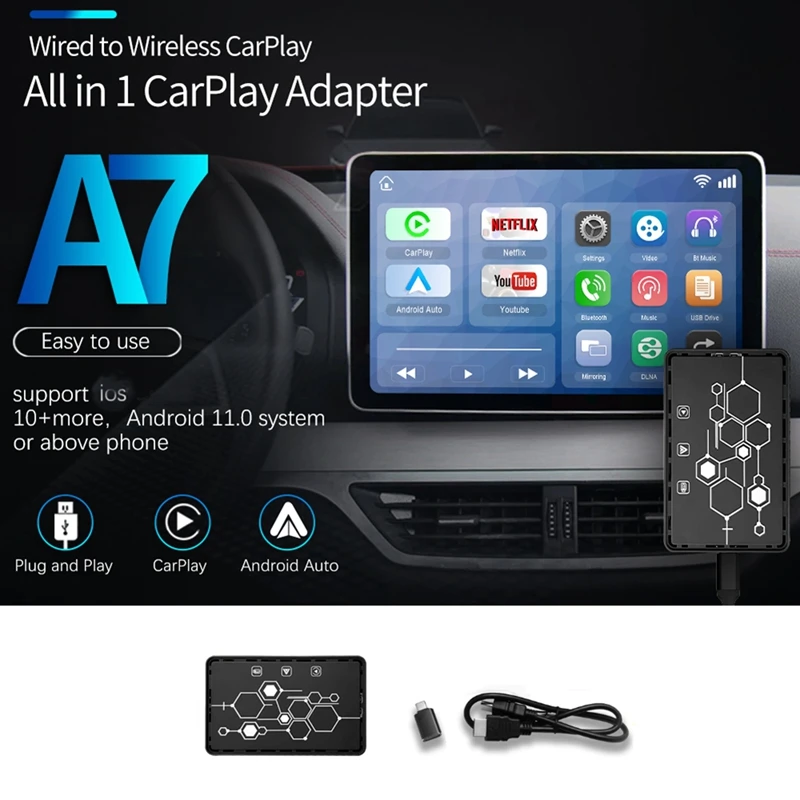 Carplay Box Wired to Wireless Android Auto 3 in 1 Adapter Smart Ai Box Plug and Play Bluetooth WiFi USB GPS