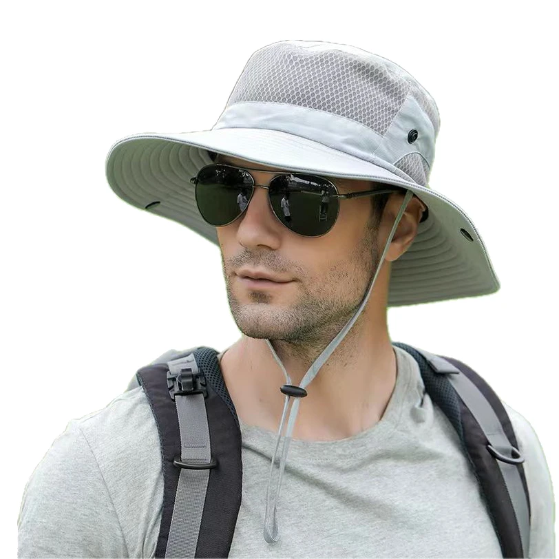 

Men Breathable Mesh Sun Hats Summer Anti UV Bucket Hat For Women Ponytail Boonie Cap Male Outdoor Wide Brim Cycling Hiking Hat