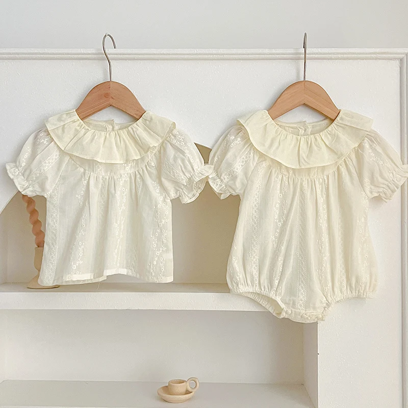 

0-24M Baby Girl Romper New Summer Baby Romper Embroidery Flower Peter Pan Collar Bow Bodysuit Cotton One-Pieces Outfits Clothes