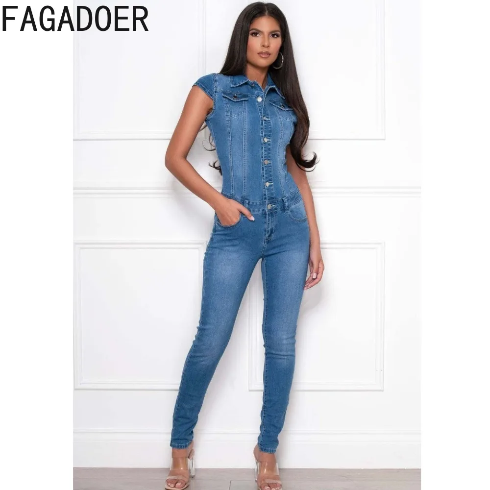 FAGADOER Blue Denim Fashion Button Bodycon Jumpsuits Women Turndown Collar Sleeveless Pocket Slim Playsuit Casual Cowboy Overall