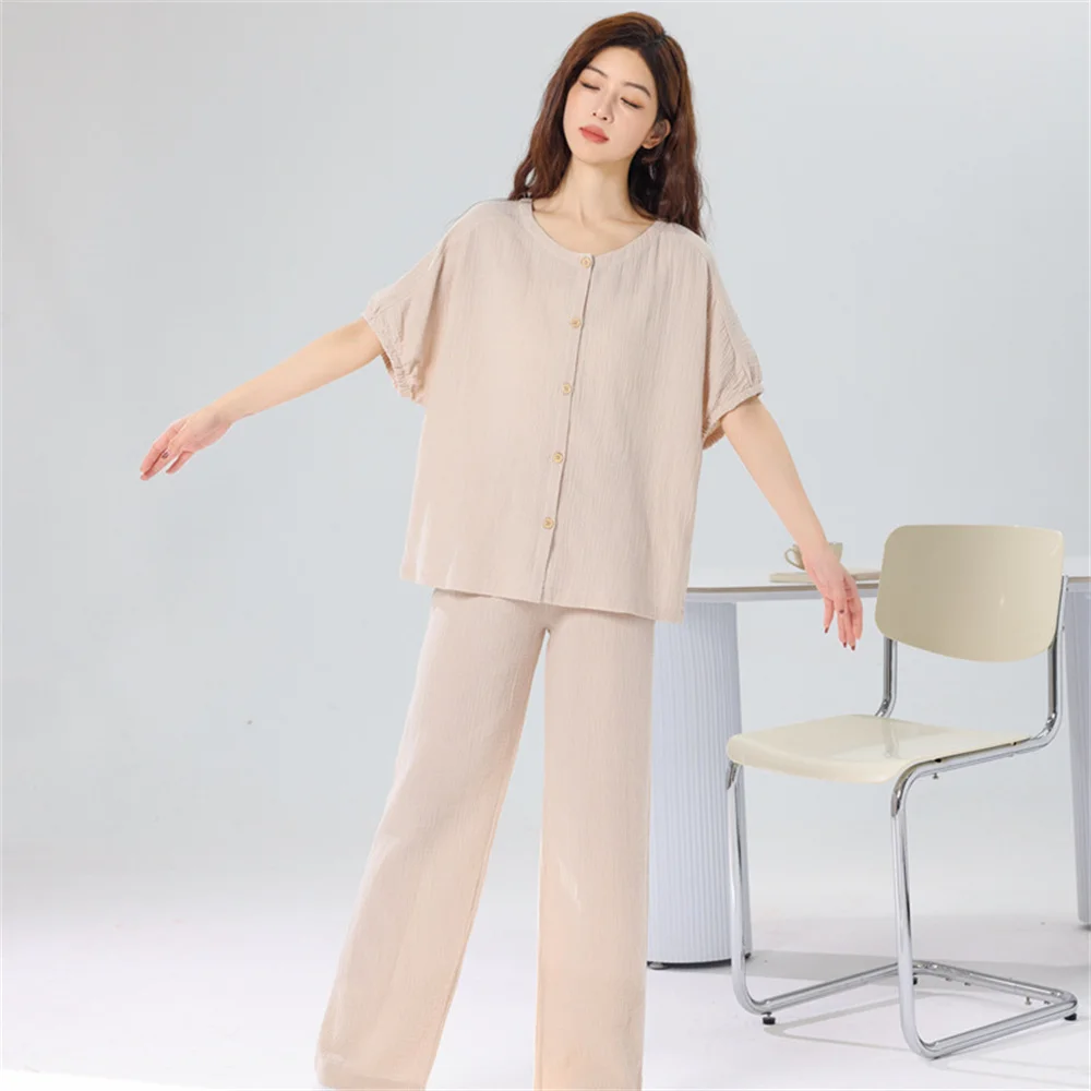

Spring Summer Women Cotton Crepe Pajama Set Short-sleeved Cardigan Trousers Suit Solid Color Loungewear Two-piece Sleepwear New