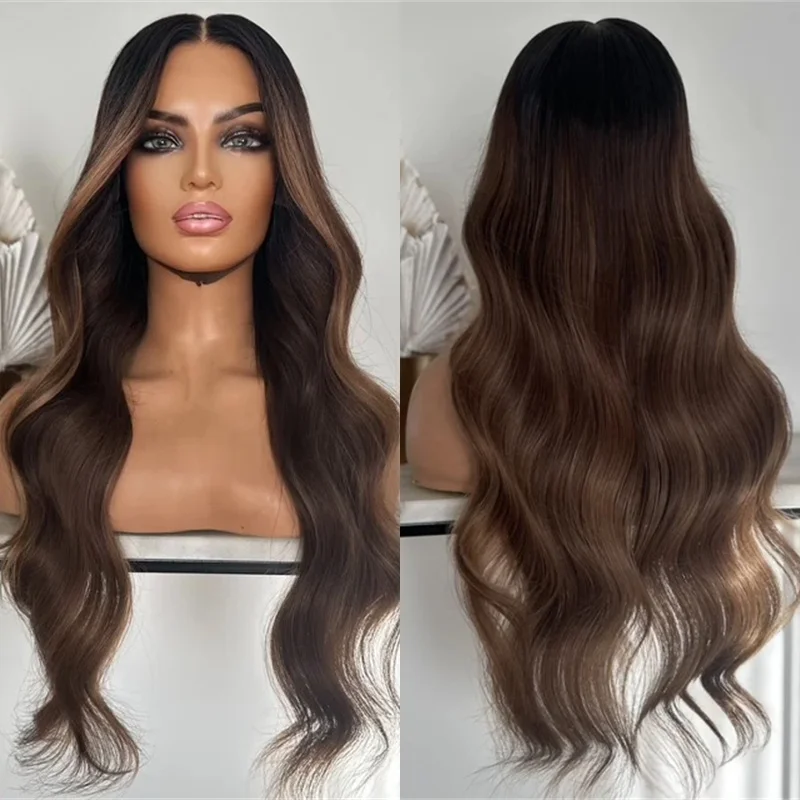 Ombre Brown Highlights HD  Wig Heat Resistant Futura Fiber Non Flame Body Wave Synthetic Hair HD Lace Front Glueless Wig 28 Inch