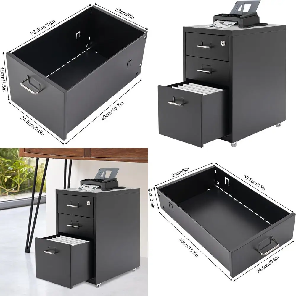 

Black Lockable 3-Drawer Rolling File Cabinet, 11x16x18.3in, A4/Letter Size, Under Desk Storage for Home Office