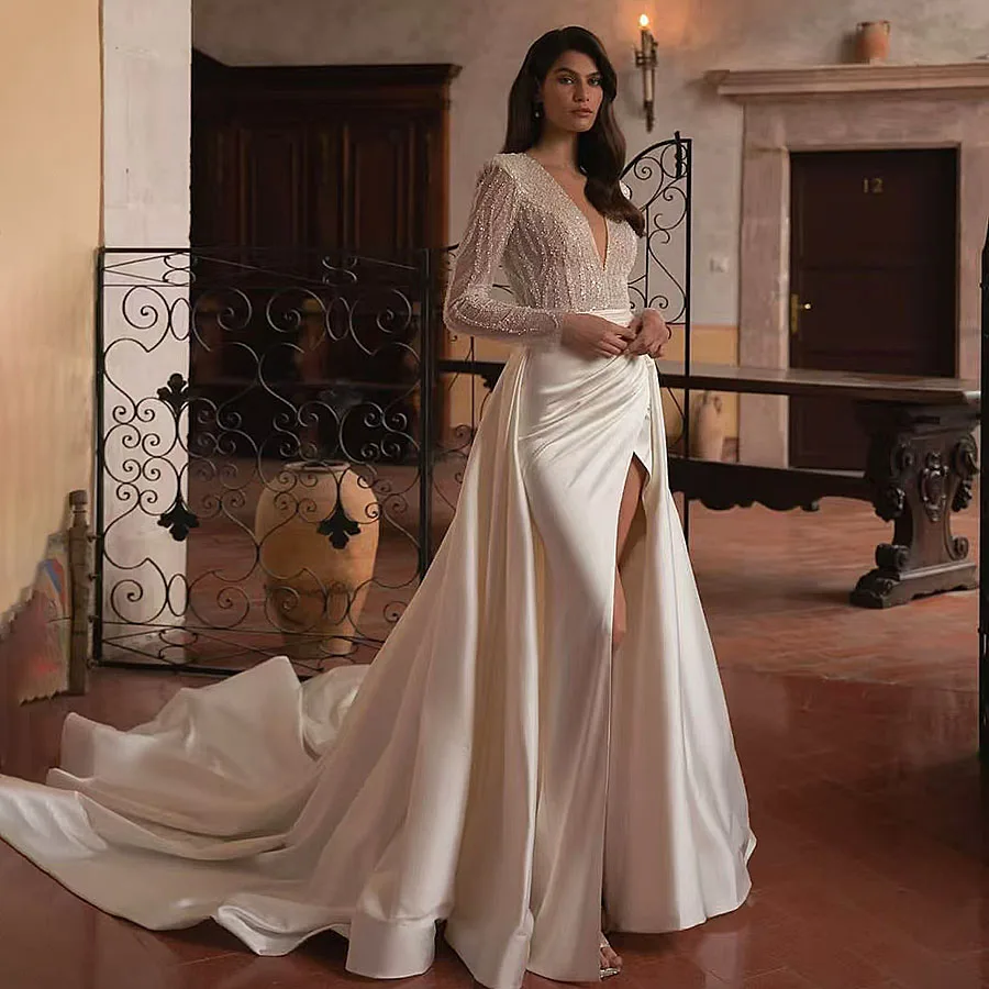

Sexy Illusion V Neck Long Sleeve Sequins Vintage Wedding Dresses Luxury Satin Court Train Mermaid Bridal Gown Vestidos De Novia