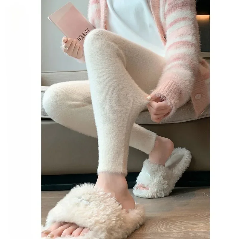 سميكة الدافئة الأرنب الفراء المرأة الخريف الشتاء عالية الخصر سليم صالح بسط طماق غير رسمية السراويل تشديد شكل الجسم #5