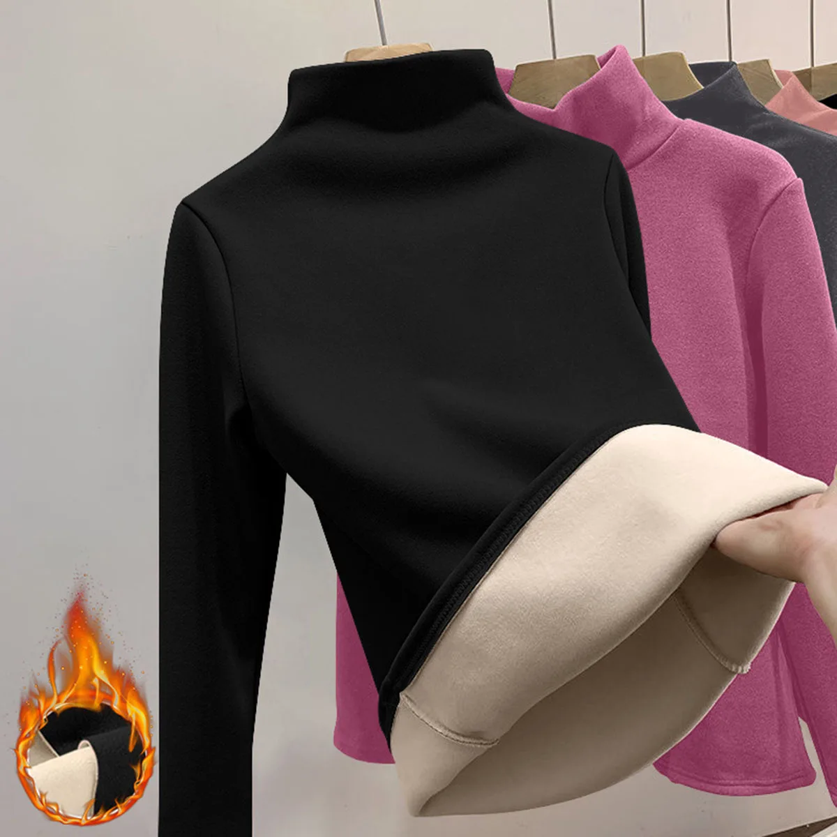 Women Thermal Underwear Winter Half High Collar Bottom Shirt Solid Semi High Collar Long Sleeve Basic T-Shirt Heating Pullovers