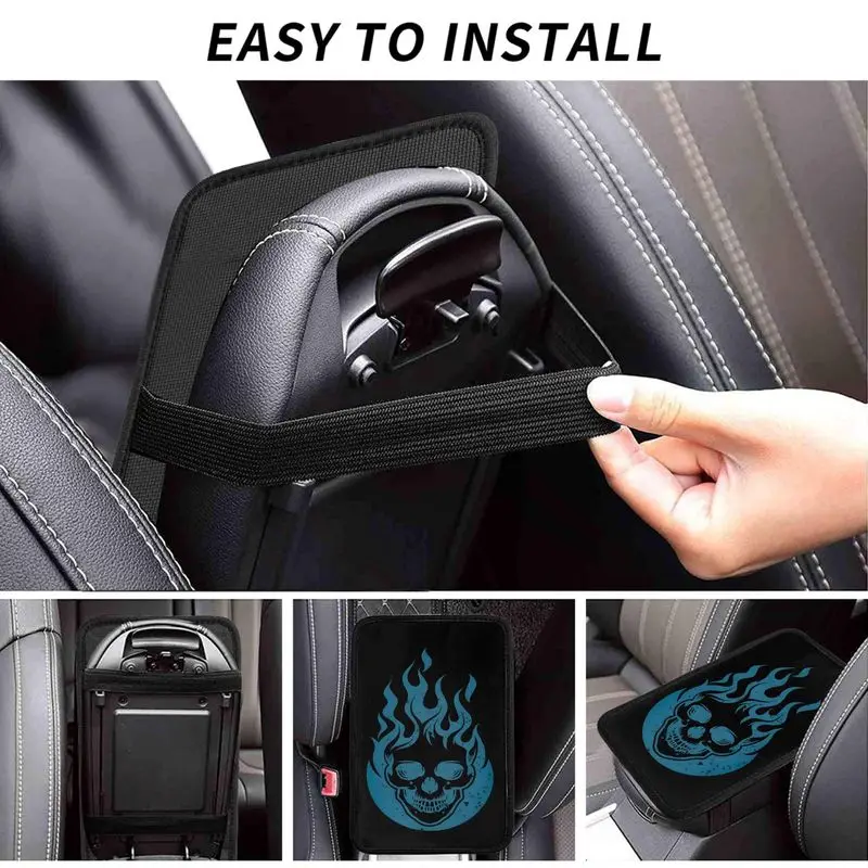1 Pc Car Armrest Cover + 2 Pcs Cup Coasters | Blue Flame Skull Print | Cool Car Interior Accessories - view 5