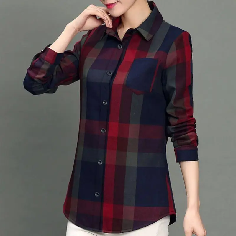 Office Lady Work Commute Top Lattice Print Blouses Casual Shirts Tops Women\'s New Spring Autumn Lapel Chic Cardigan Shirt Female