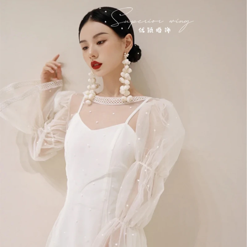 Korean gentle senior sense exquisite Lily of the valley bud handmade white tassel extra long flower earring bridal accessories