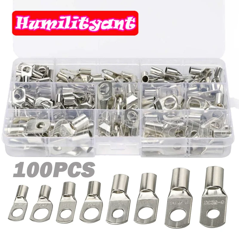 

100Pcs Copper Cable Lugs Tinned SC Bare Crimp Terminals Lug Electrical Wire Connectors Cable Splice Ring Terminal Kit