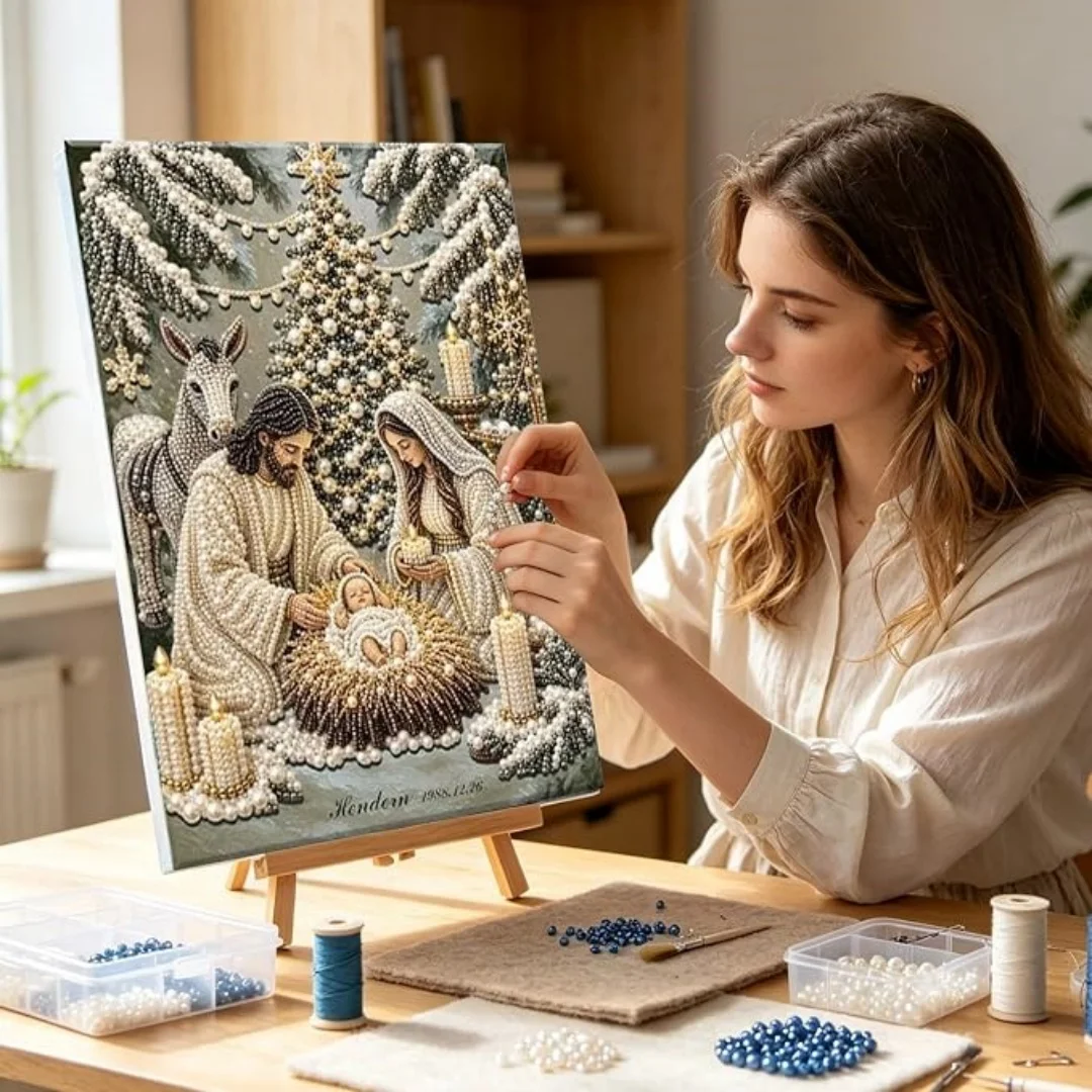 Christmas Nativity Scene Diy Round Diamond Pearl Painting, Handmade Home Wall Decor Art Kit 30x40cm Stretched Canvas