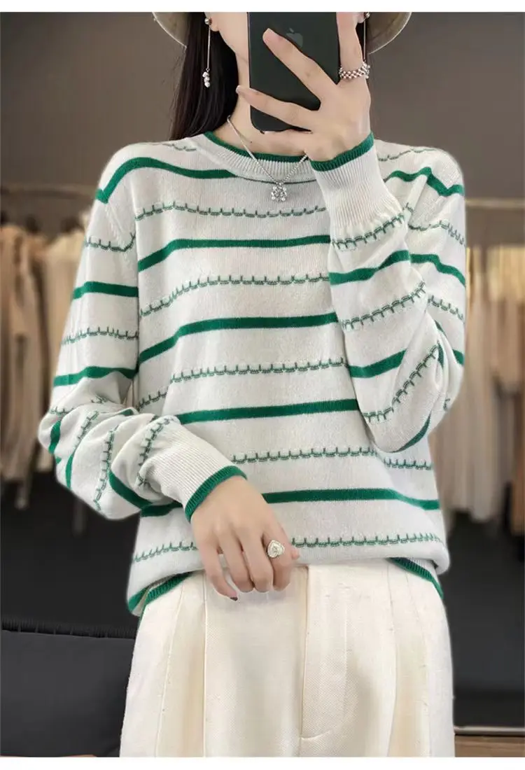 Sweater, long sleeve, two-tone horizontal stripe knit basic sweater, suitable for women with a round neck, loose casual fashion