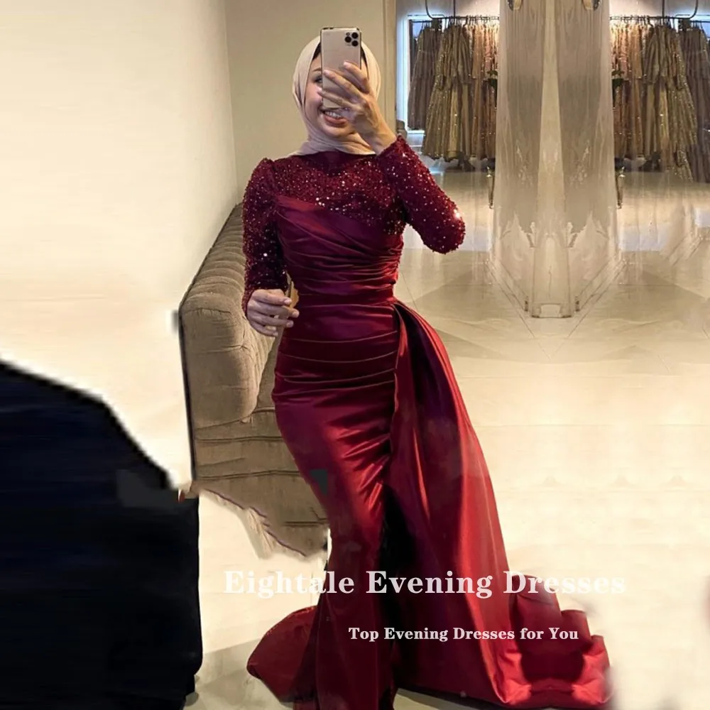 Eightale Arabic Evening Dresses Sparkly Long Sleeves Satin Burgundy Muslim Mermaid Prom Party Gowns karakou robe soirée