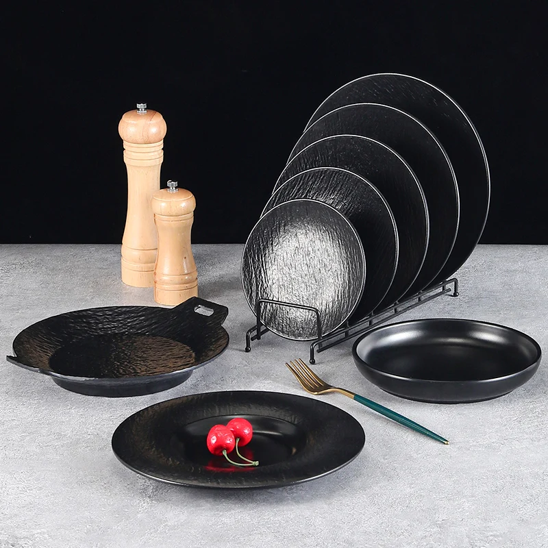 Melamine Black Western Food Plate Creative Sushi Round Korean Barbecue Flat Commercial