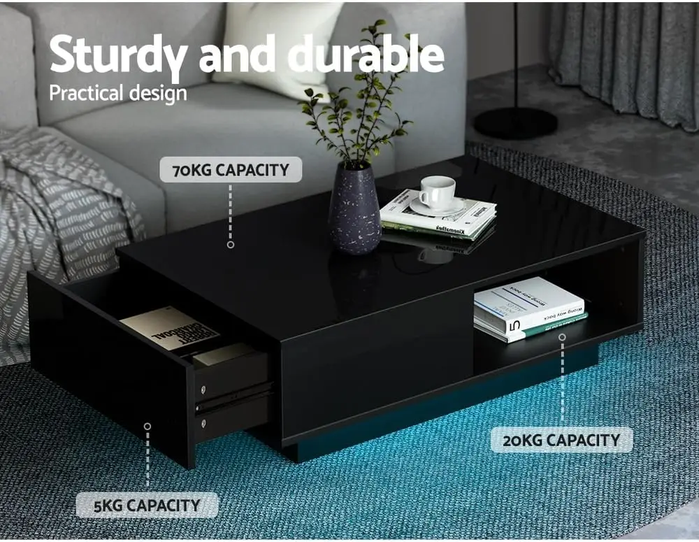 طاولة القهوة LED طاولات الشاي الجانبية أدراج التخزين، أثاث المنزل مكتب غرفة المعيشة، مع درج عرض مستطيل عالي اللمعان #5