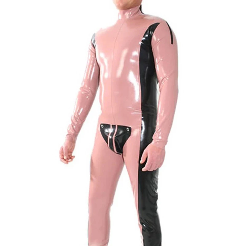 

Baby Pink and Black Latex Catsuit with Shoulder Back Crotch Zipper Codpiece Rubber Jumpsuit Bodysuit With No Socks