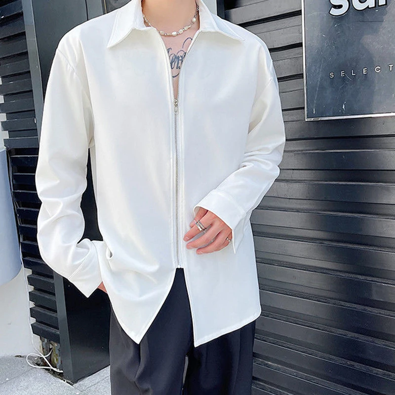 Simplicity Loose Solid Turn-down Collar Handsome Spring Summer Long Sleeve Shirts Man Men\'s Clothing Zipper Streetwear Casual