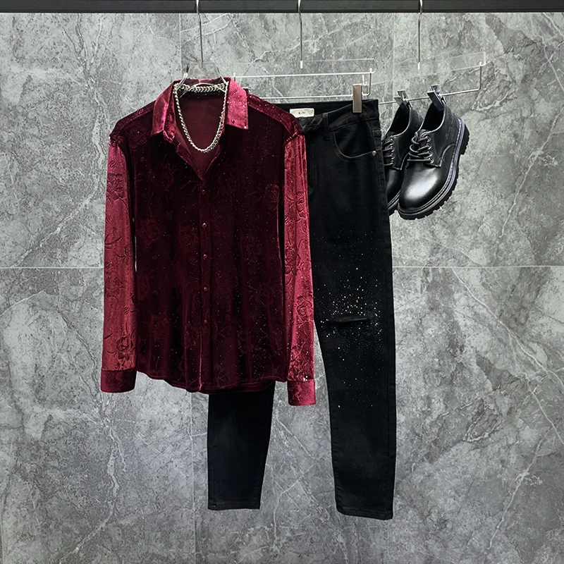 

Faionable Long Sve Men's Velvet irt Autumn Winter New Sle Retro Print High-End Feeling Korean Version Slim Fit irt