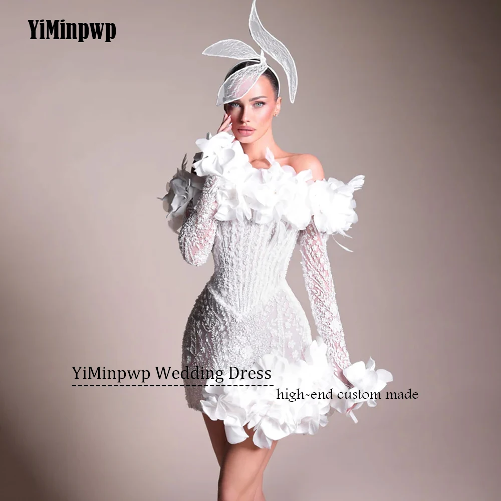 Gaun Pengantin Mini Mewah Gaun Mandi Pengantin Pendek Bunga A-Line Lengan Penuh Applique Bahu Terbuka Tanpa Tali Disesuaikan