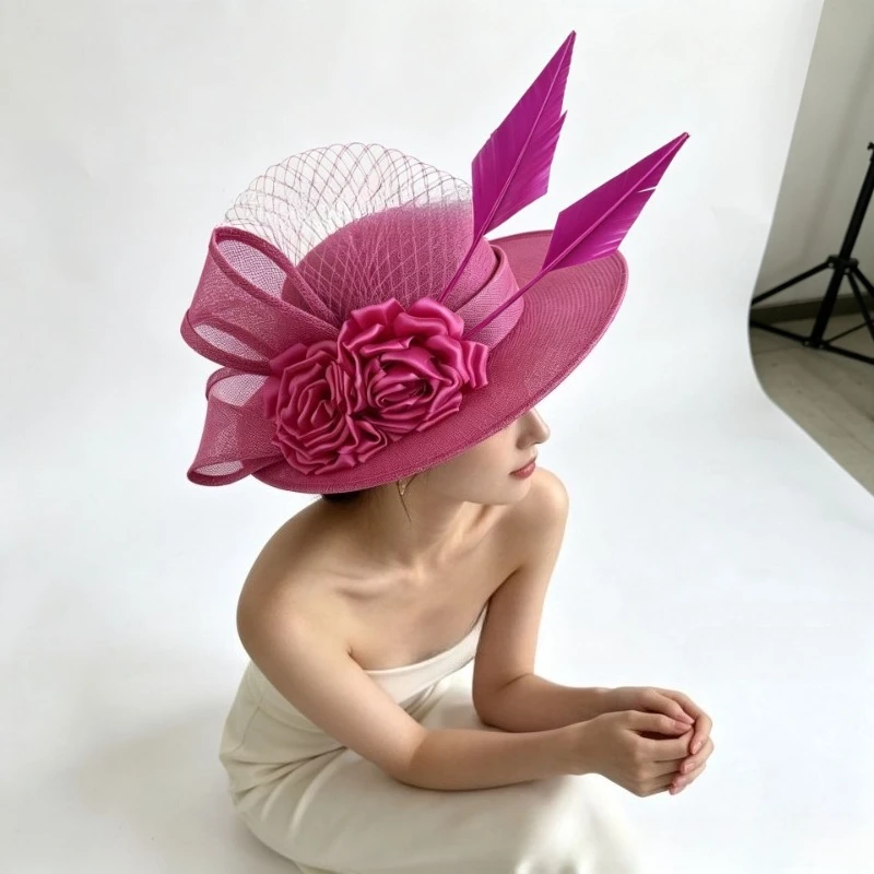 Hot Pink Large Fascinator Hat Women Feather Decor Royal Ascot Horse Race Derby Wedding Church Cocktail Party Millinery