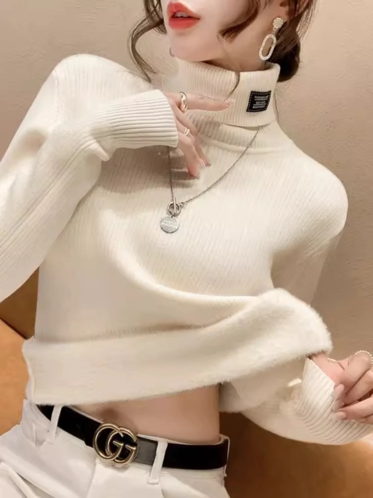

Thiened Fce High Collar Color Knitted Sweater Women's Loose Winter Warm Base irt New 2024 Sle Commute