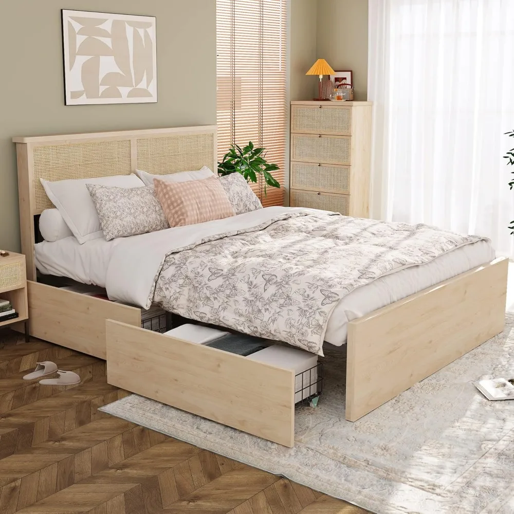 

Queen Bed Frame with Natural Rattan Headboard and Wooden 4 Storage Drawers, Strong Wooden Slats Support, Bed