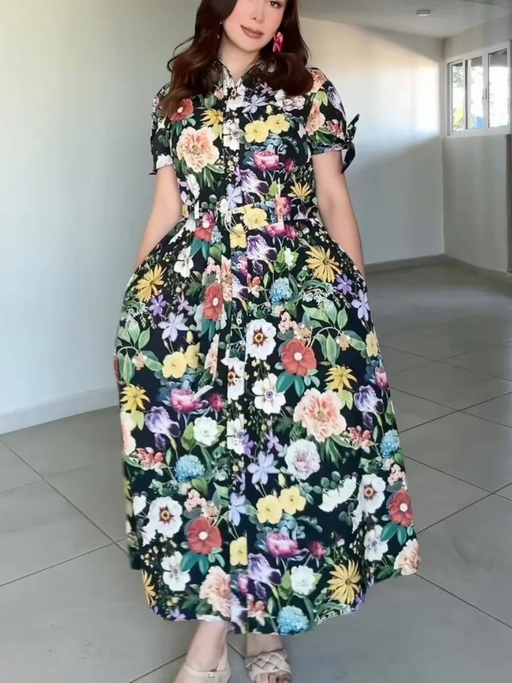 Women's Casual Poplin Short Sleeve A-Line Midi Dress Elegant Floral Print Lapel with Belt Spring Resort Dress