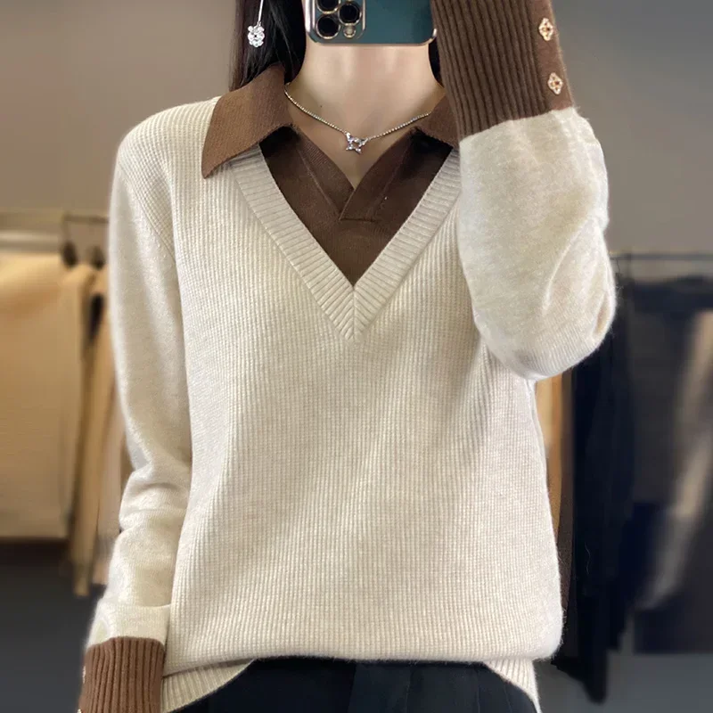 Maglione da donna colletto a V color block maglione finto in due pezzi camicia pullover morbida e confortevole per top a maniche lunghe da donna