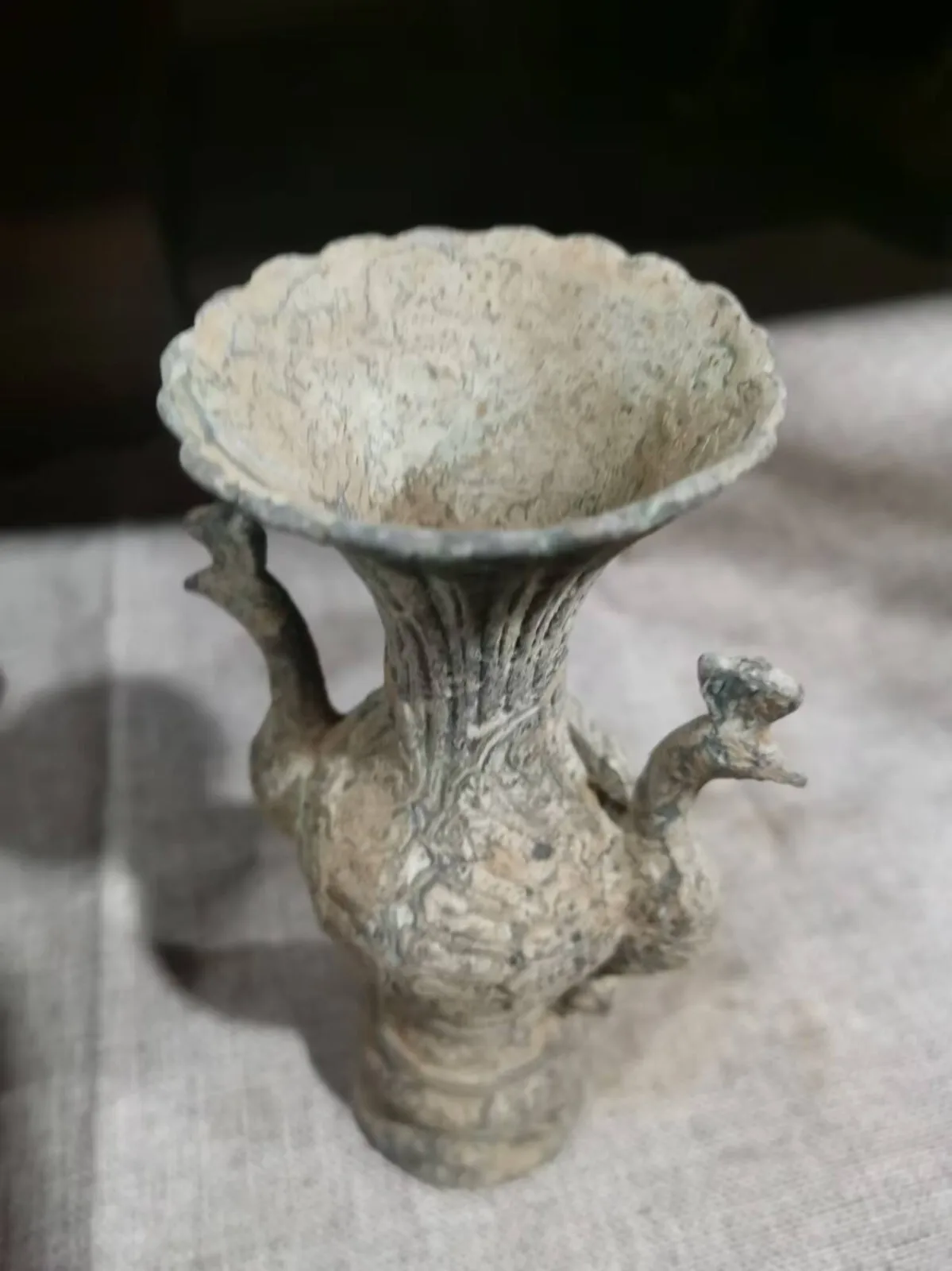 Chinese Old Bronze be unearthed Double headed Phoenix Cup Statue