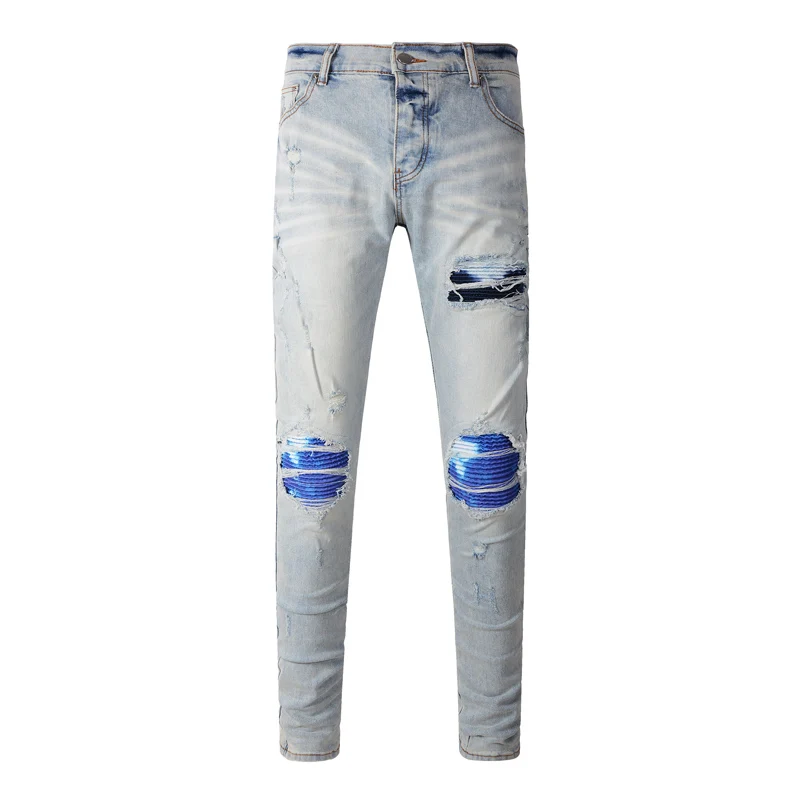 American fashion men's jeans retro elastic slim fit with perforated blue patch light blue trendy jeans Y2K