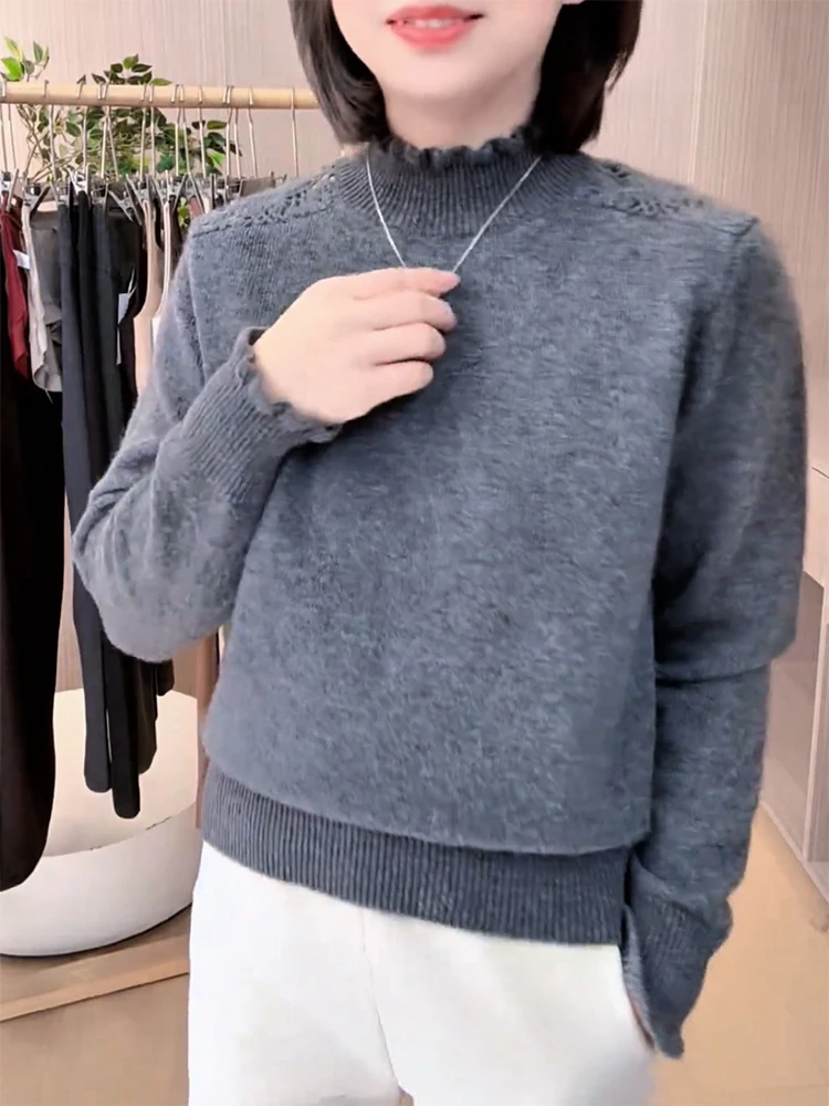 

Корейский элегантный вязаный топ с высоким воротником и кружевом, универсальный, больших размеров, стройнящий, для осени-зимы, для женщин