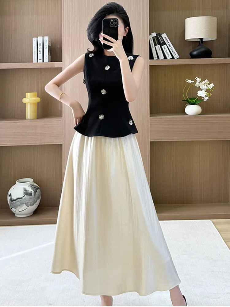 

2025 New Summer Two Piece Set for Women Elegant O Neck Sleeveless Sequins Slim Tops And A-Line Midi Skirt Fashion Suit