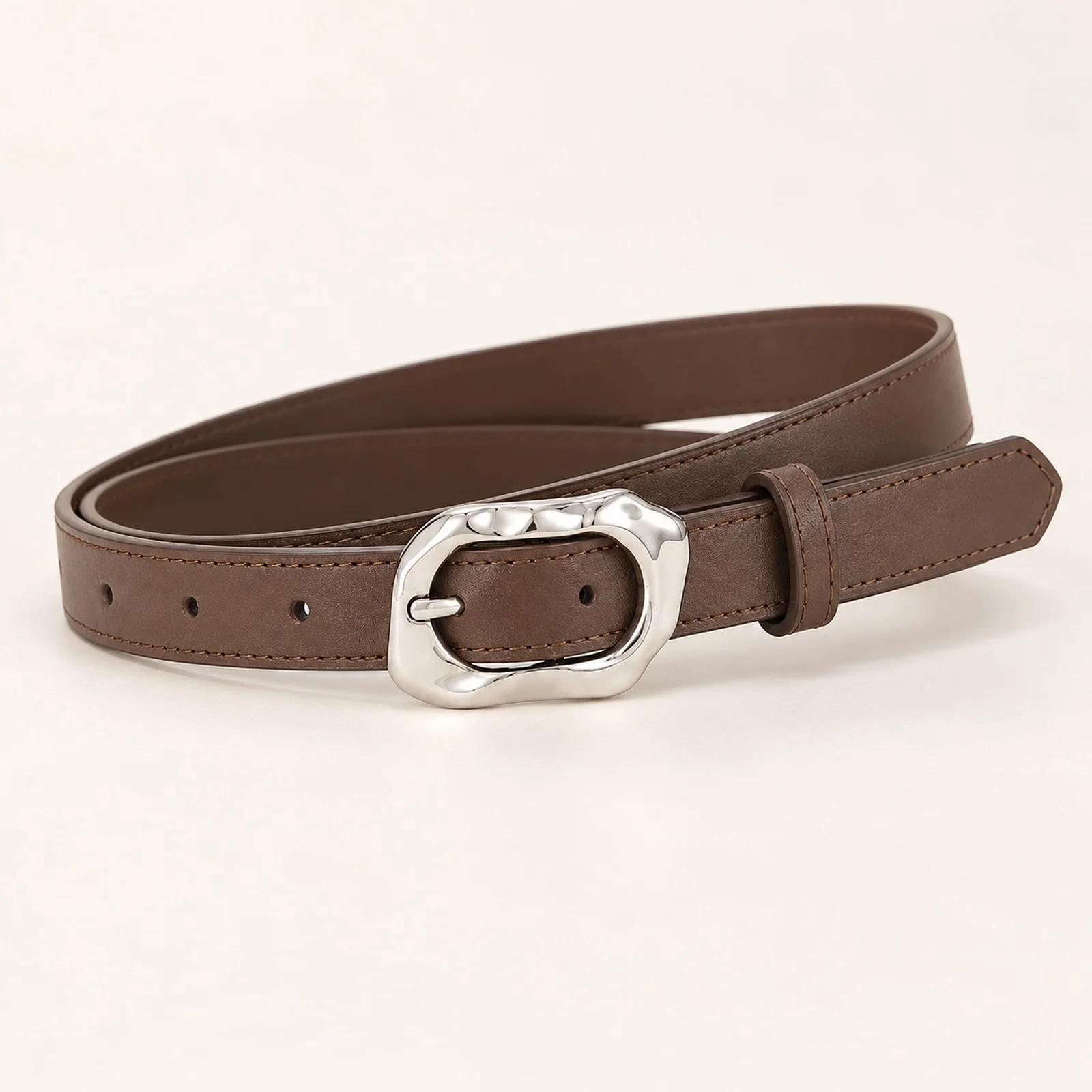 Slim Brown Belt Women Coffee Waist Belt Silver Tone Irregular Oval Pin Buckle Stitched Strap Keeper Holes Dresses Jeans Trousers